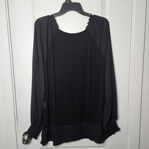 Women's Black Long Semi Sheer Sleeve Chiffon Blouse Ruffle Cuffs V-Neck Size XL - Picture 5 of 10